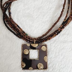 Vintage beaded necklace brown enamel pendant 80's 90's beautiful euc estate